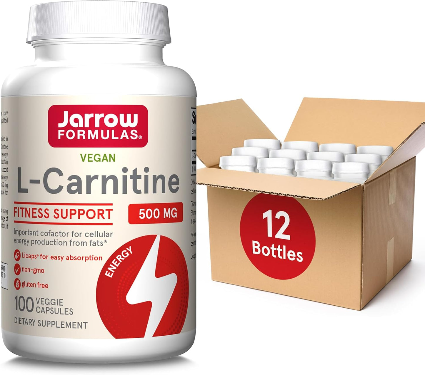 Jarrow Formulas L-Carnitine 500 mg - 100 Veggie Licaps - Energy Production Supplement - Vegan - Pack of 12