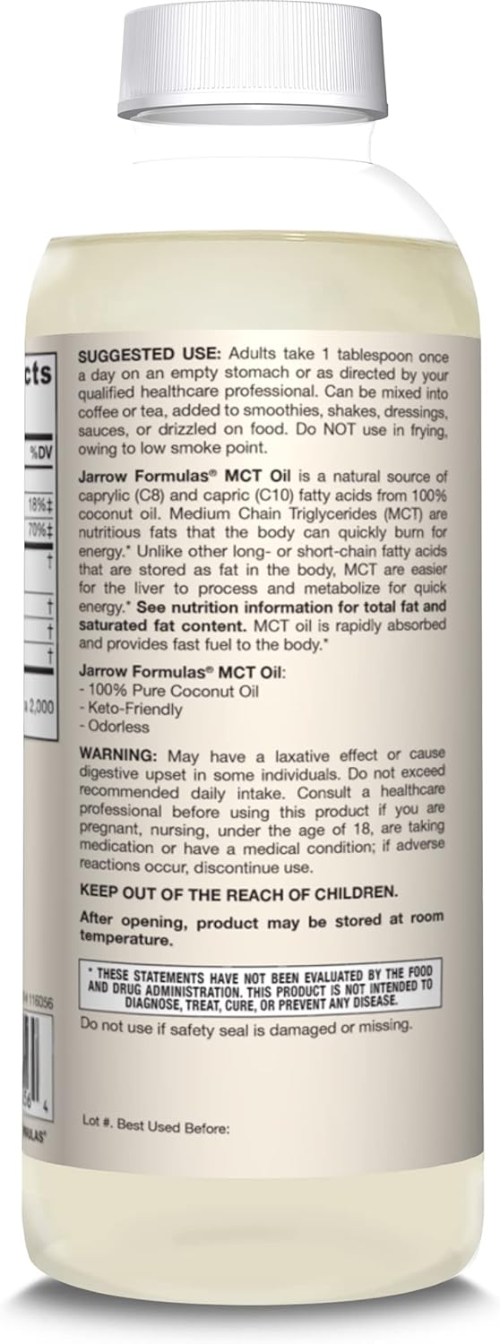 Jarrow Formulas MCT Oil - Ketogenic Diet Support for Quick Energy - 20 fl oz Liquid Oil - 39 Day Supply