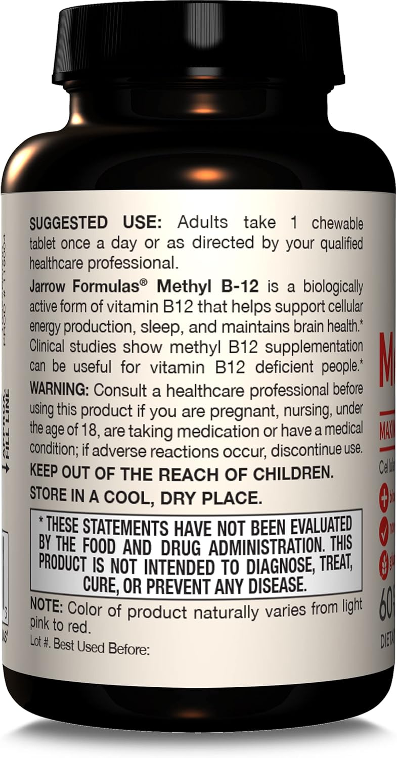 Jarrow Formulas Methyl B-12 5000 mcg Chewable Tablets for Energy and Brain Health, 60 Day Supply