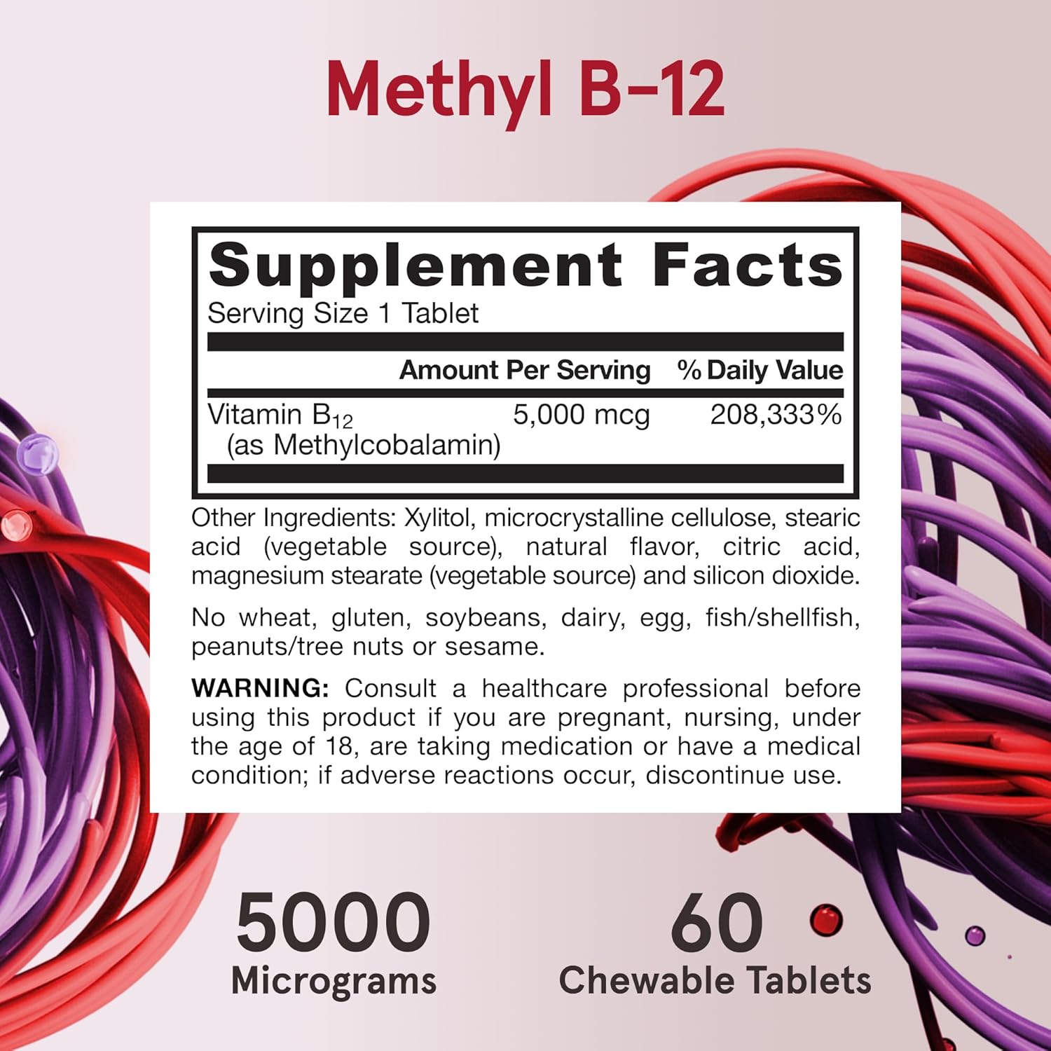 Jarrow Formulas Methyl B-12 5000 mcg Chewable Tablets for Energy and Brain Health, 60 Day Supply