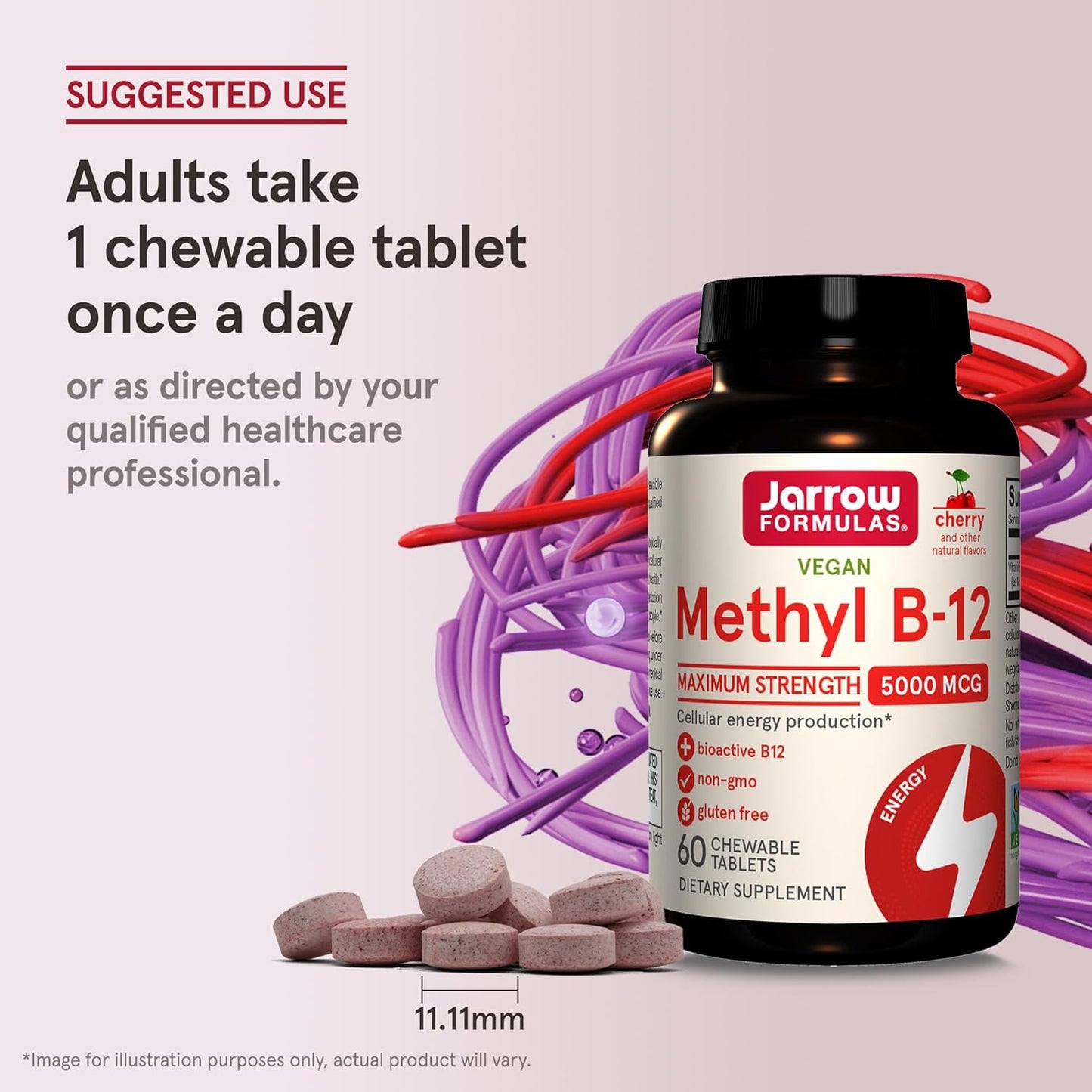 Jarrow Formulas Methyl B-12 5000 mcg Chewable Tablets for Energy and Brain Health, 60 Day Supply