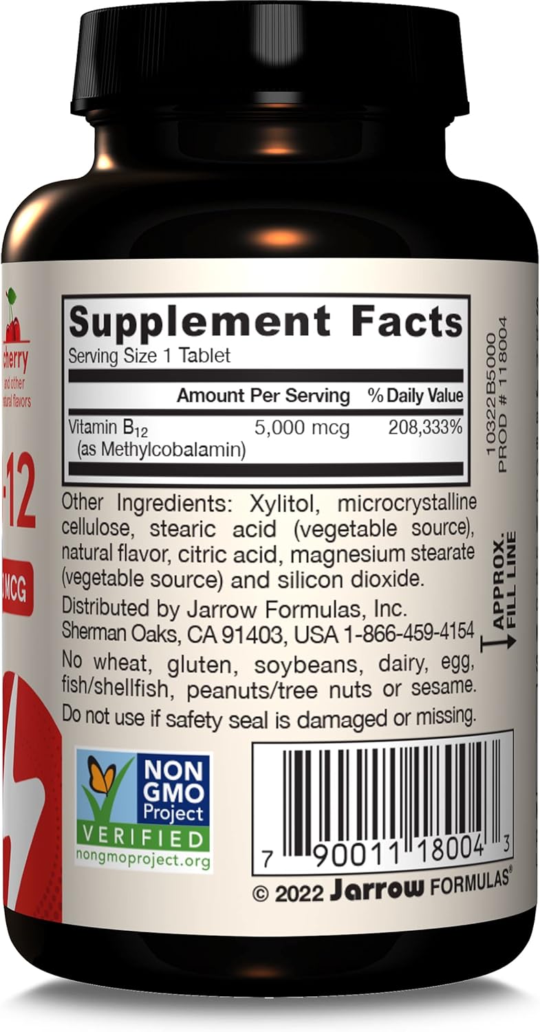 Jarrow Formulas Methyl B-12 5000 mcg Chewable Tablets for Energy and Brain Health, 60 Day Supply