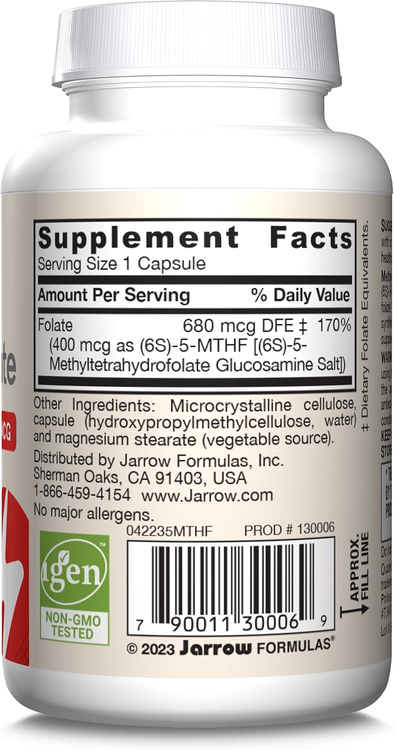Jarrow Formulas Methyl Folate 400 mcg - Extra Strength Dietary Supplement for Heart and Brain Health - 60 Capsules