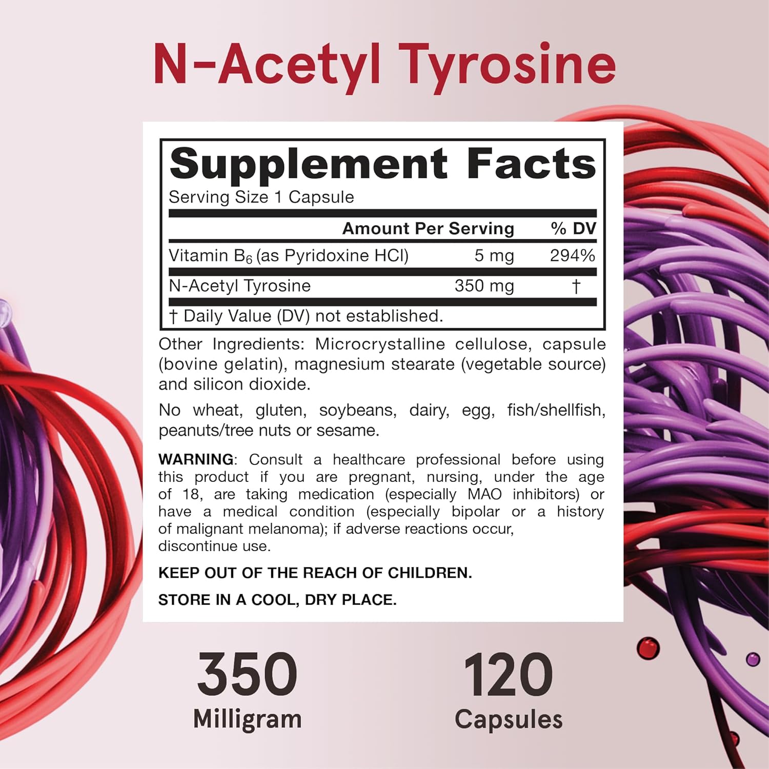 Jarrow Formulas N-Acetyl Tyrosine 350 mg Capsules with Vitamin B6 for Brain Support, 120 Day Supply