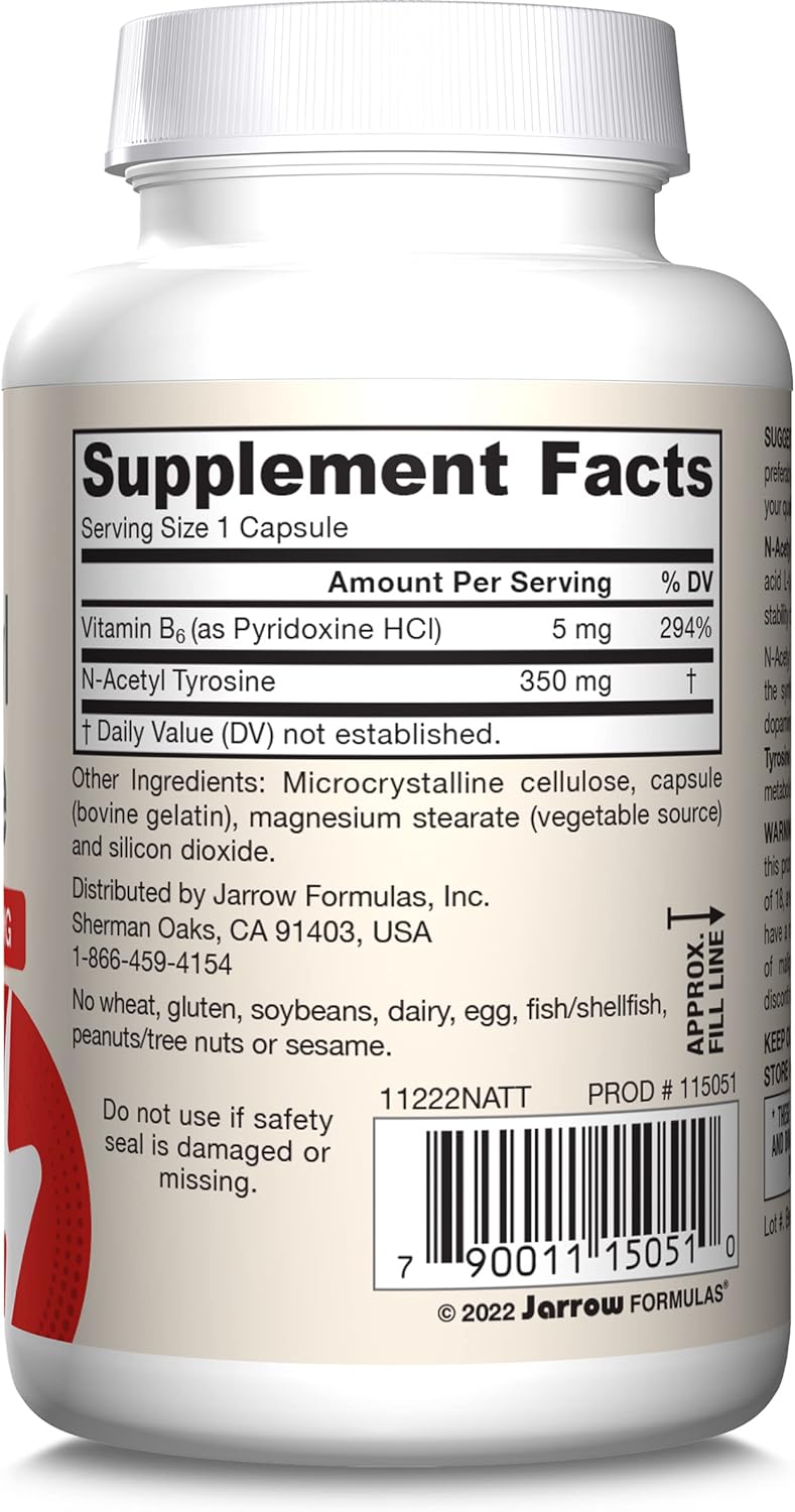Jarrow Formulas N-Acetyl Tyrosine 350 mg Capsules with Vitamin B6 for Brain Support, 120 Day Supply