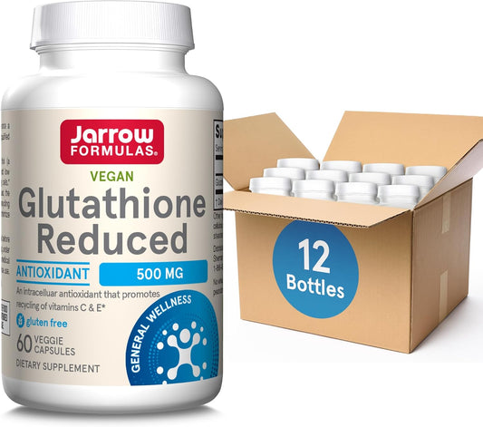 Jarrow Formulas Reduced Glutathione 500mg Capsules - Antioxidant Support for Vitamins C & E - Non-GMO, Gluten Free, Vegan - 60ct x 12 Pack
