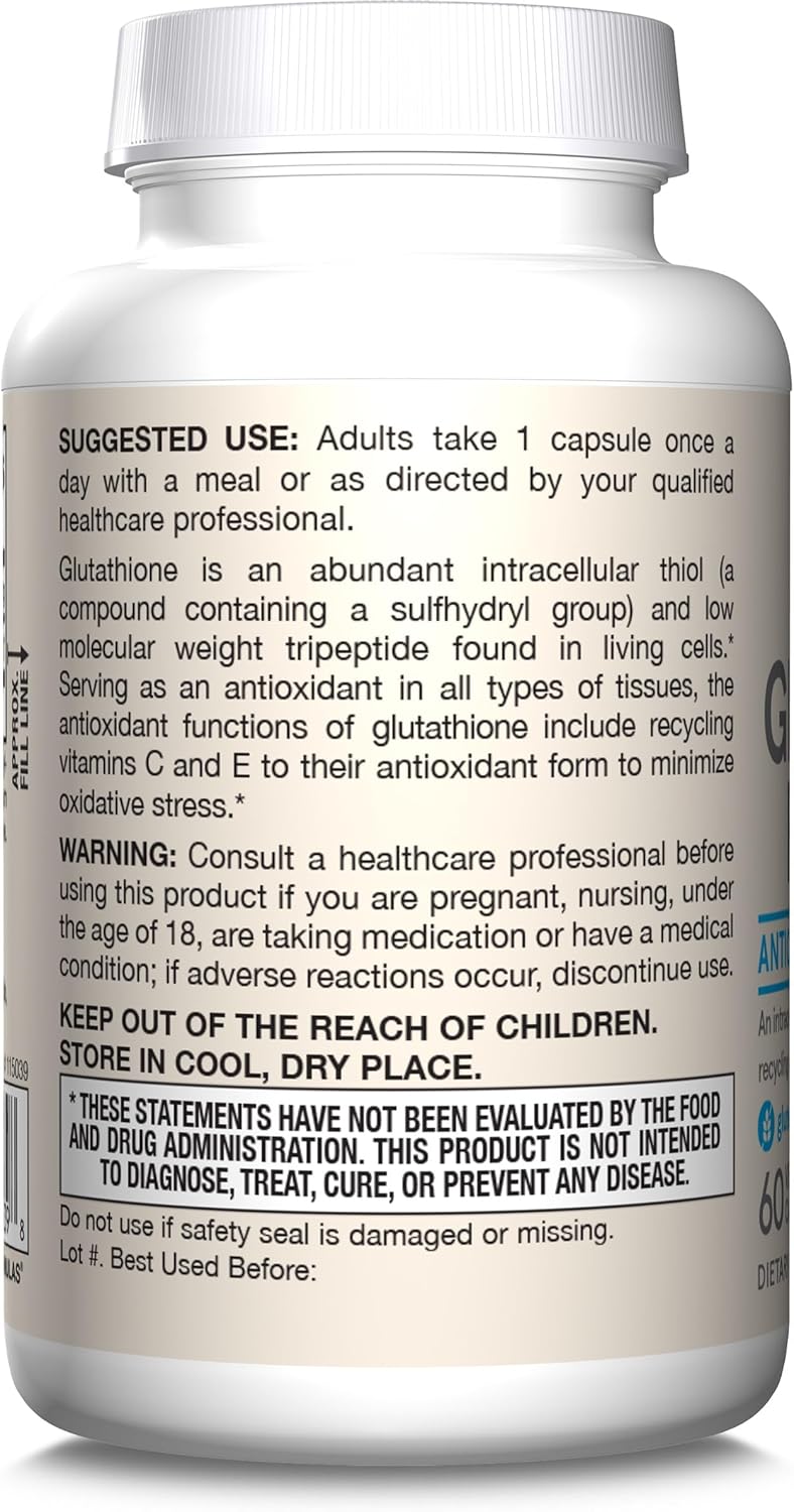 Jarrow Formulas Reduced Glutathione 500mg Capsules - Antioxidant Support for Vitamins C & E - Non-GMO, Gluten Free, Vegan - 60ct x 12 Pack