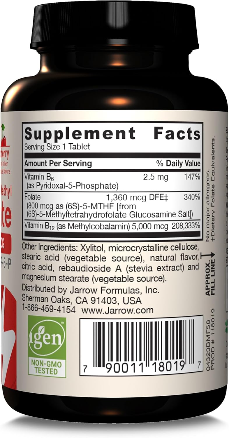 Jarrow Formulas Ultra Strength Methyl B-12 & Folate Chewable Tablets - 5000 mcg & 800 mcg + P-5-P, 60 Day Supply for Energy & Cardio Support