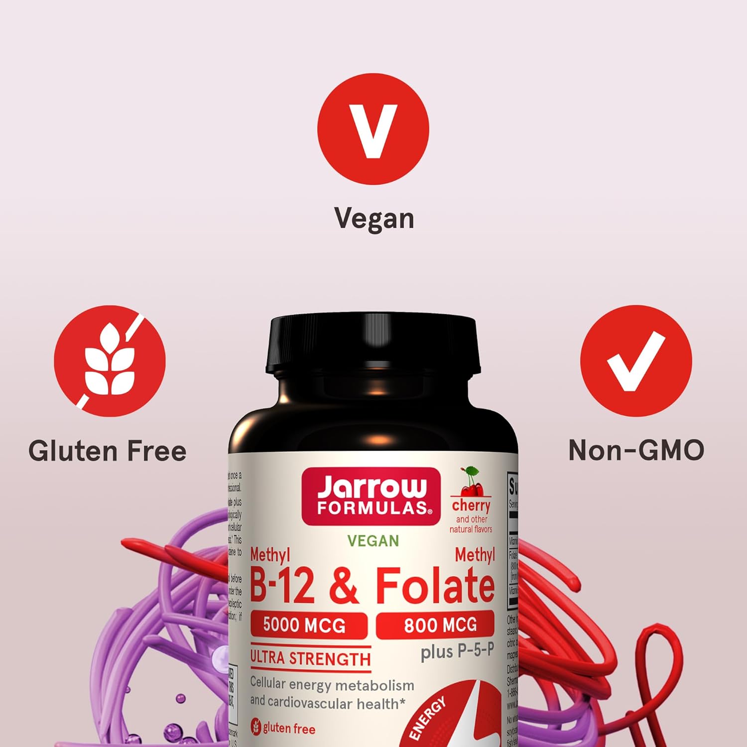 Jarrow Formulas Ultra Strength Methyl B-12 & Folate Chewable Tablets - 5000 mcg & 800 mcg + P-5-P, 60 Day Supply for Energy & Cardio Support