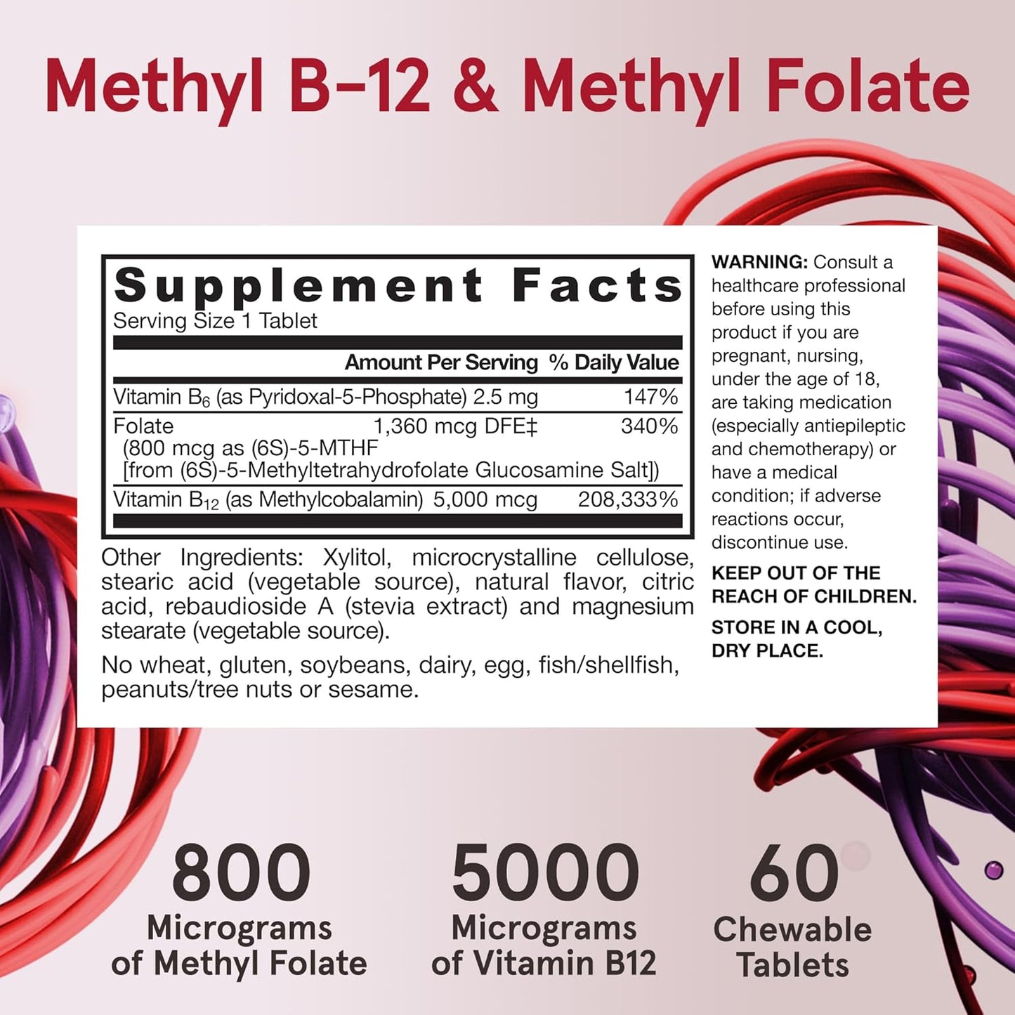 Jarrow Formulas Ultra Strength Methyl B-12 & Folate Chewable Tablets - 5000 mcg & 800 mcg + P-5-P, 60 Day Supply for Energy & Cardio Support