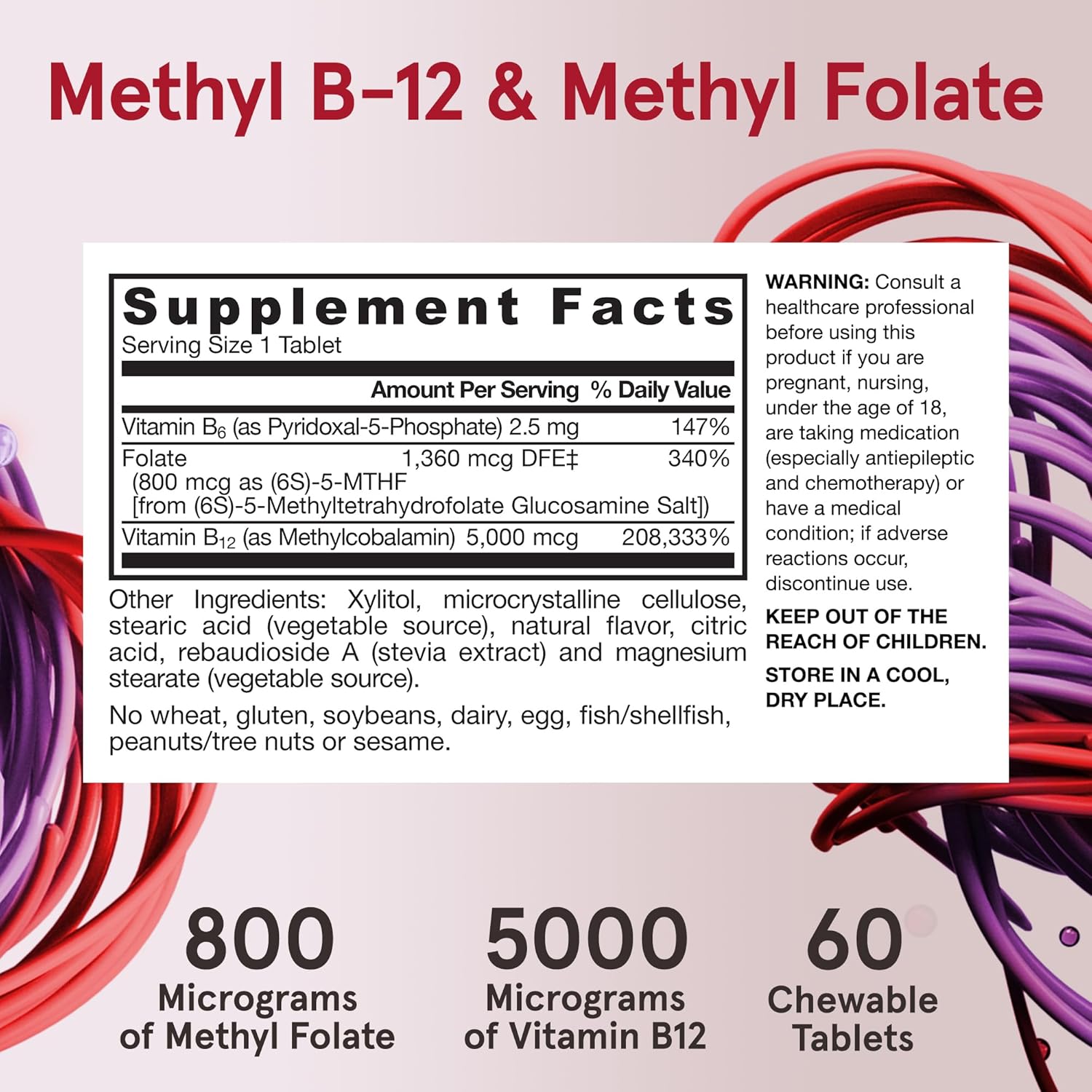 Jarrow Formulas Ultra Strength Methyl B-12 & Folate Chewable Tablets - 5000 mcg & 800 mcg + P-5-P, 60 Day Supply for Energy & Cardio Support