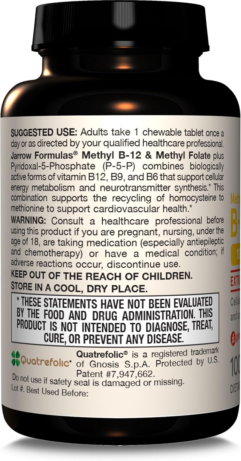 Jarrow Formulas Ultra Strength Methyl B-12 & Folate Chewable Tablets - 5000 mcg & 800 mcg + P-5-P, 60 Day Supply for Energy & Cardio Support