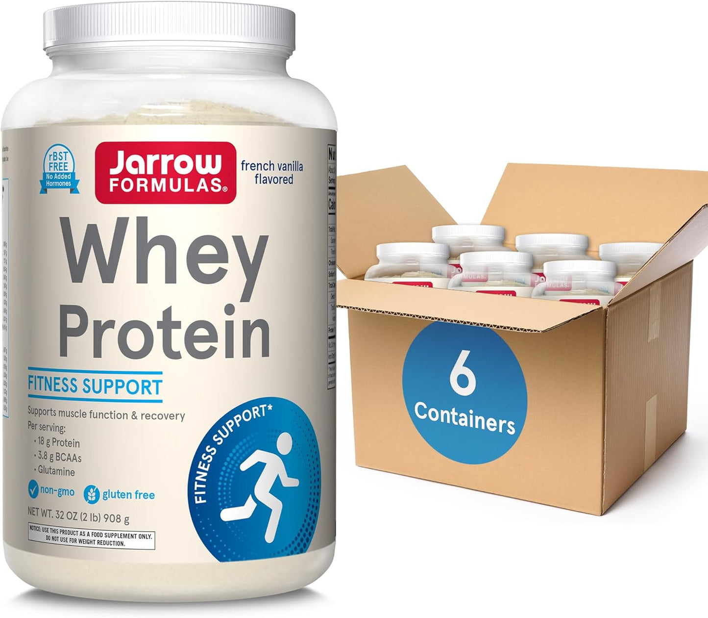 Jarrow Formulas Vanilla Whey Protein Powder, 32oz - Pack of 6 - Muscle Recovery Support Supplement with 18g Protein, 3.8g BCAAs, and Glutamine - Approx. 36 Day Supply