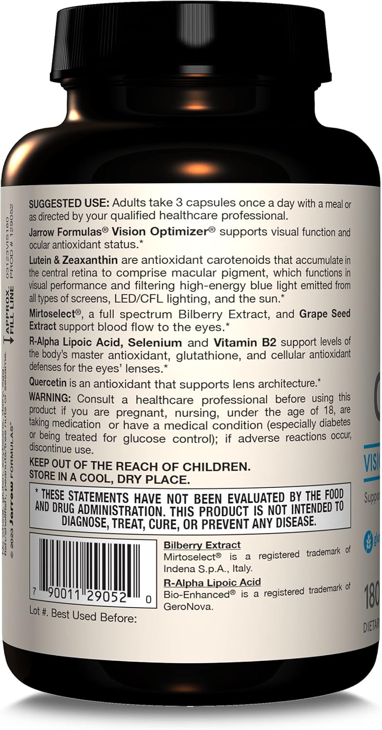 Jarrow Formulas Vision Optimizer Capsules - 180 Count Eye Supplement with Grape Seed Extract, Lutein, Zeaxanthin - Non-GMO Gluten Free Dietary Supplement
