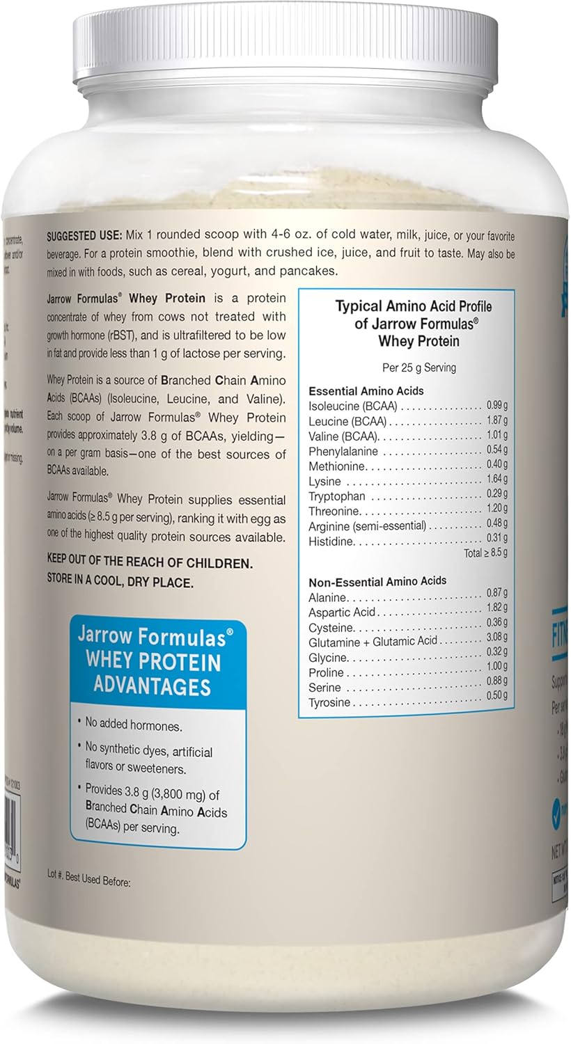 Jarrow Formulas Whey Protein Powder - 32 oz Vanilla Flavored Supplement with 18g Protein, 3.8g BCAAs, and Glutamine for Muscle Recovery Support