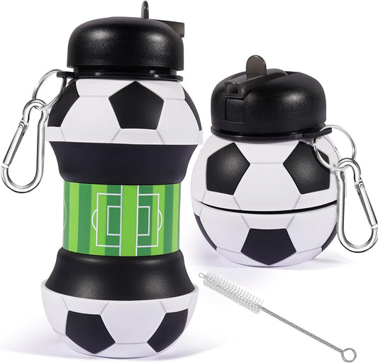 Jasswevo Collapsible Sports Water Bottle for Boys and Men, 19oz BPA-Free Silicone with Leakproof Flip Spout - Ideal for School, Sports, and Travel - Black & White Soccer Design - Christmas and Birthday Gift