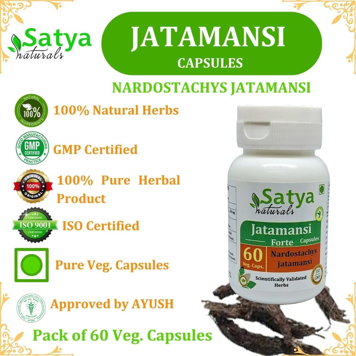 Jatamansi Forte Capsules 500mg - Ayurvedic Herbal Supplement for Men and Women - 60 Veg Capsules | Satya Naturals