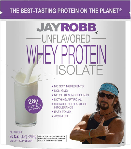 Jay Robb Whey Isolate Protein Powder - Low Carb, Keto-Friendly, Vegetarian - Gluten & Lactose Free - No Sugar, Fat, or Soy - Non-GMO, Best-Tasting - 80 oz Unflavored