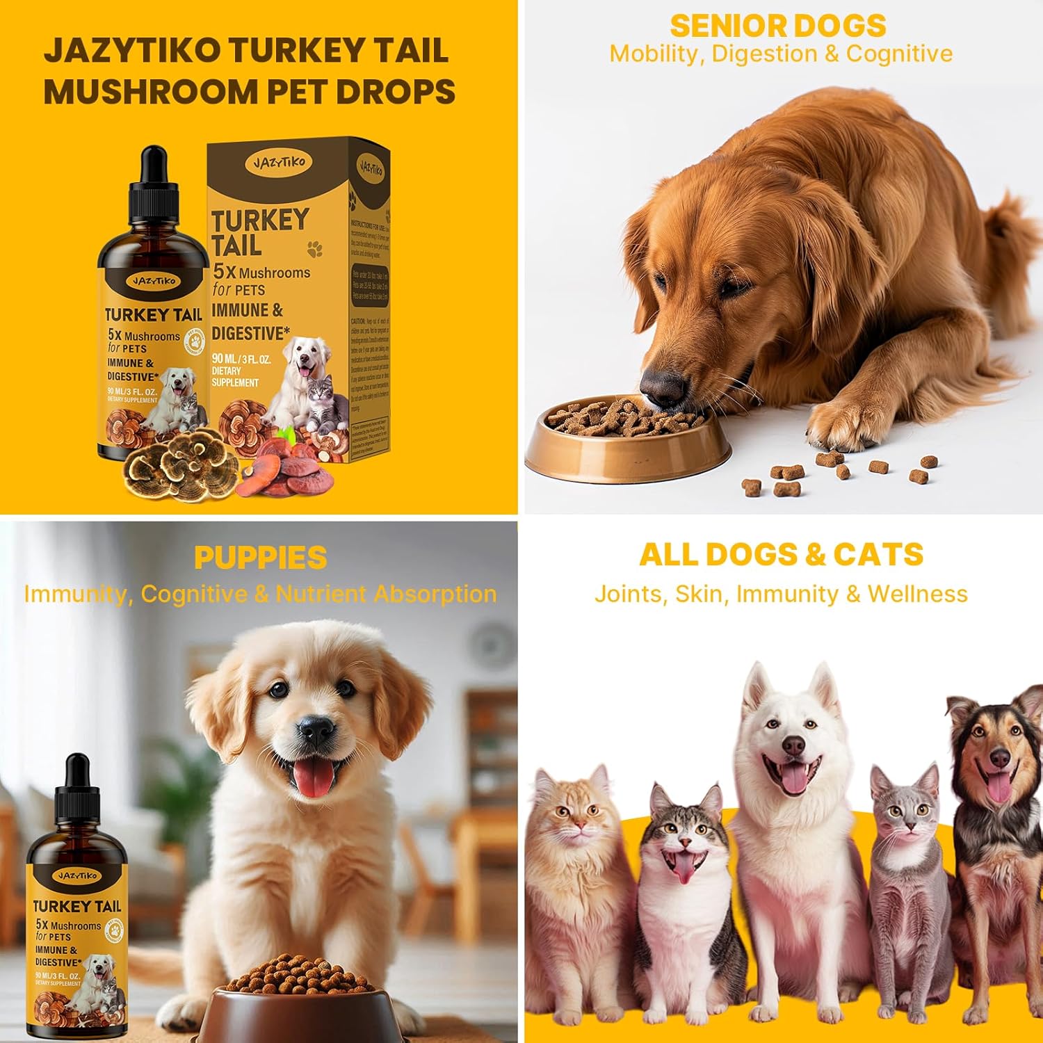 Jazytiko Turkey Tail Mushroom Drops for Dogs - 2000mg Immune & Digestive Support with Turmeric & Probiotic - Vet Formulated, 90 ML/3FL.oz