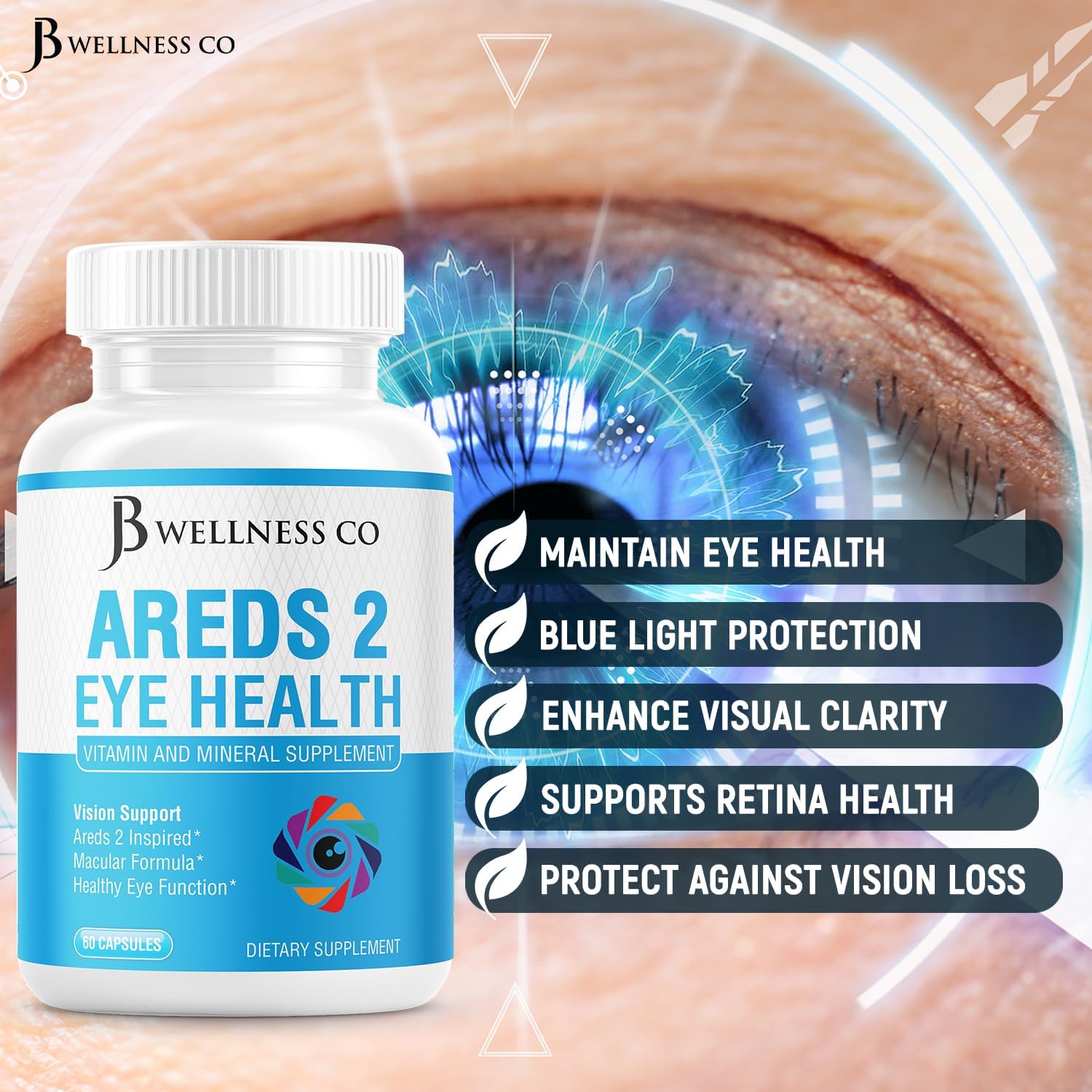 JB Wellness Co AREDS 2 Eye Vitamin & Mineral Supplement with Lutein, Vitamin C, Zeaxanthin, Zinc - 60 Count