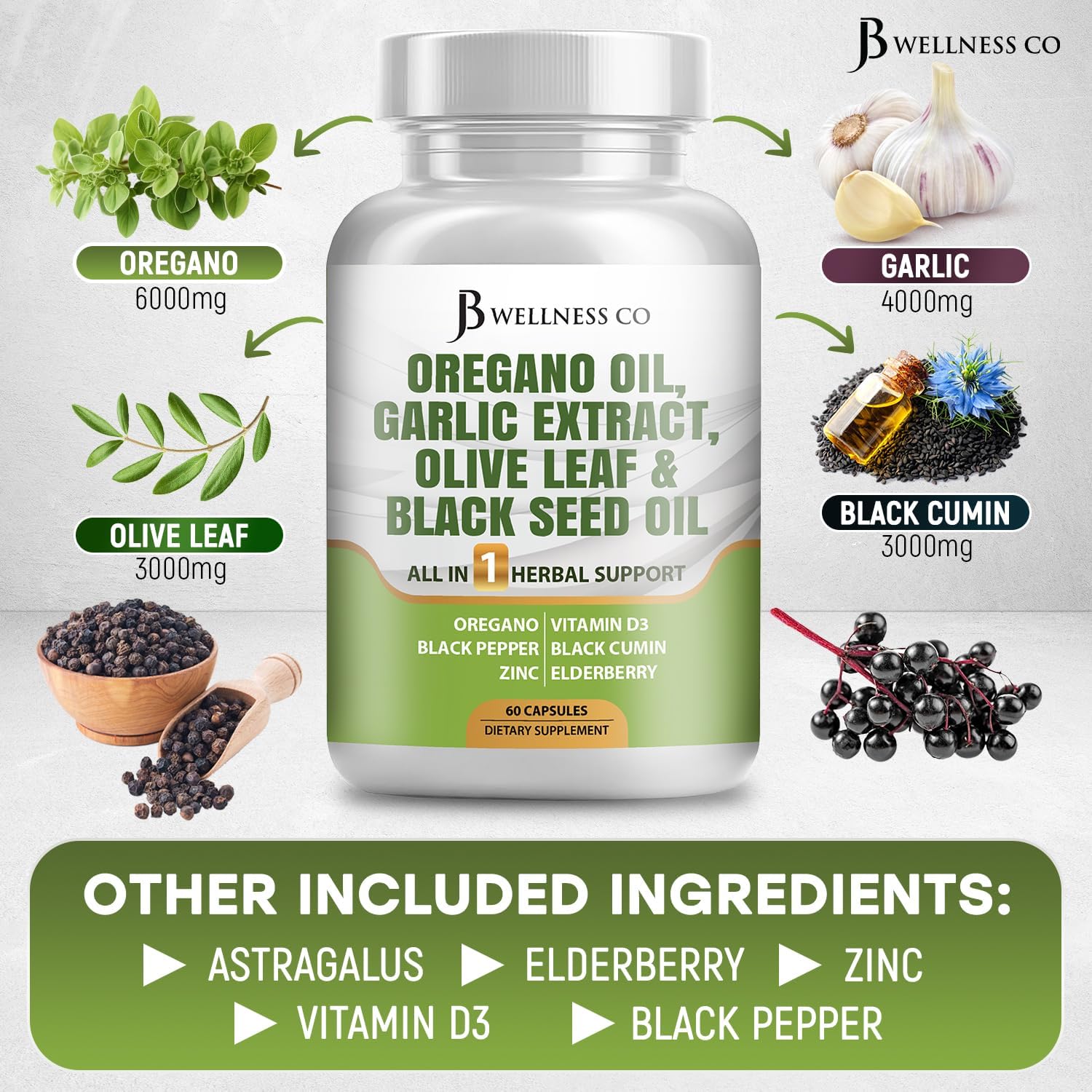 JB Wellness Co Immune Support & Digestive Health Supplement - Oregano Oil, Garlic Extract, Olive Leaf, Astragalus - 60 Count for Men and Women