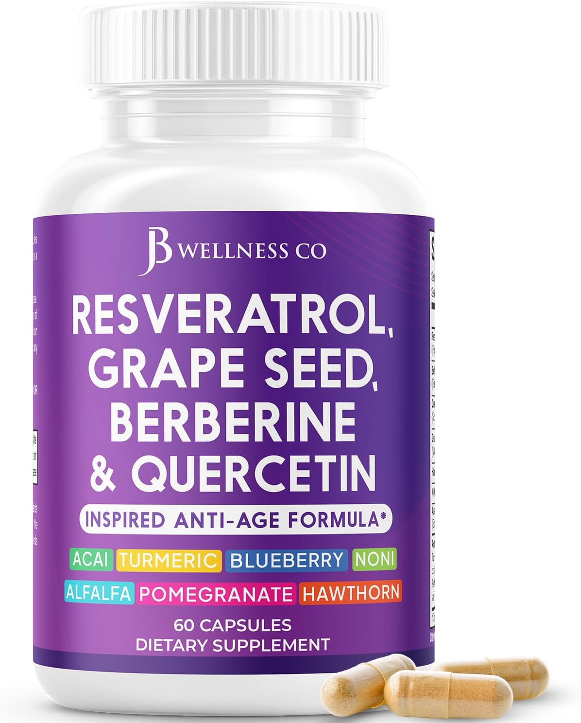 JB Wellness Co Polyphenol Supplement with Resveratrol, Grape Seed Extract, Noni, N-Acetyl Cysteine, Acai - 60 Capsules for Women and Men