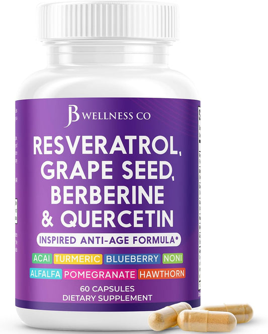 JB Wellness Co Polyphenol Supplement with Resveratrol, Grape Seed Extract, Noni, N-Acetyl Cysteine, Acai - 60 Capsules for Women and Men