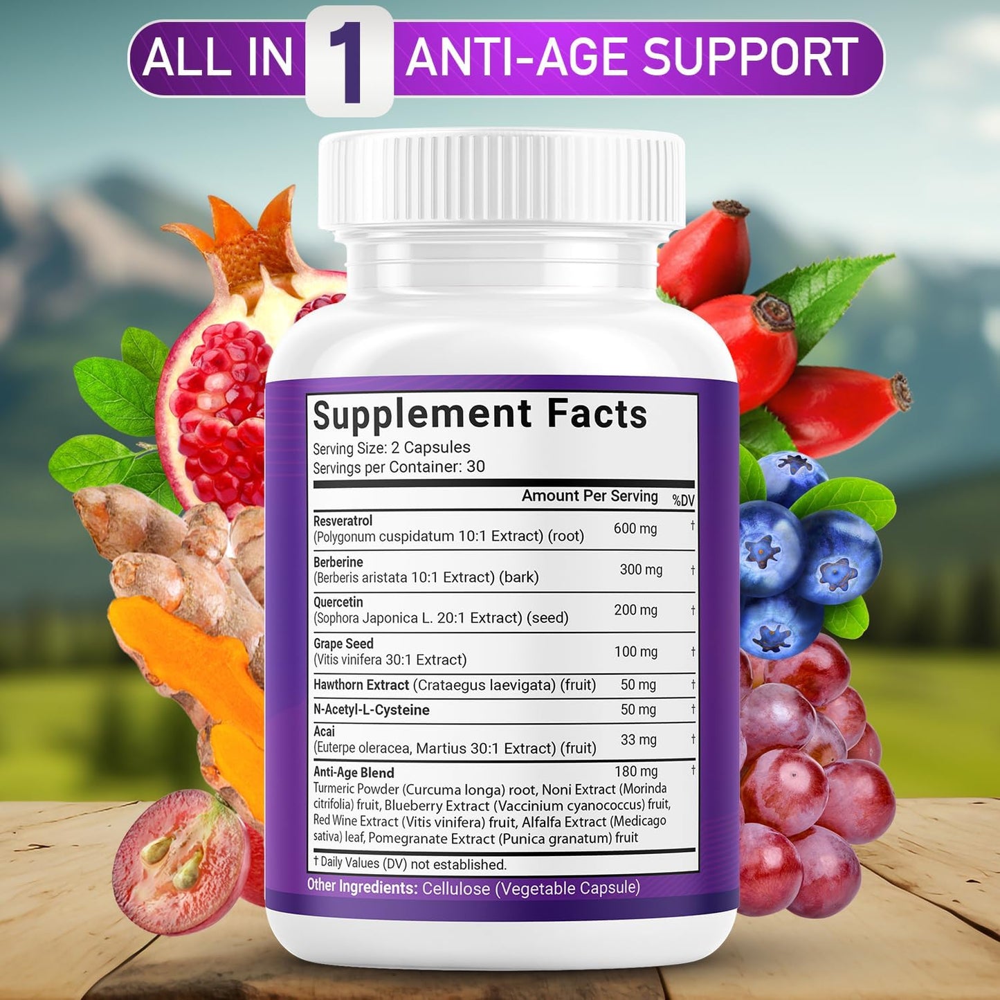 JB Wellness Co Polyphenol Supplement with Resveratrol, Grape Seed Extract, Noni, N-Acetyl Cysteine, Acai - 60 Capsules for Women and Men