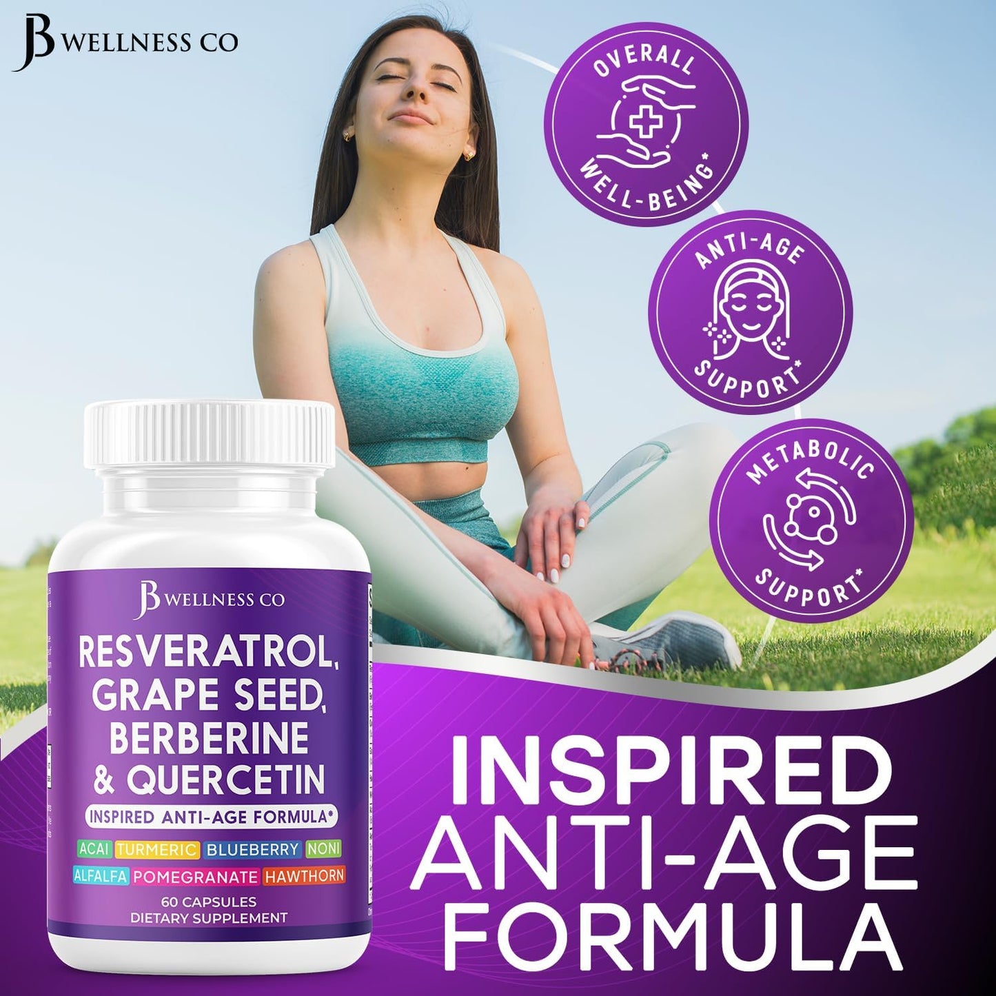 JB Wellness Co Polyphenol Supplement with Resveratrol, Grape Seed Extract, Noni, N-Acetyl Cysteine, Acai - 60 Capsules for Women and Men