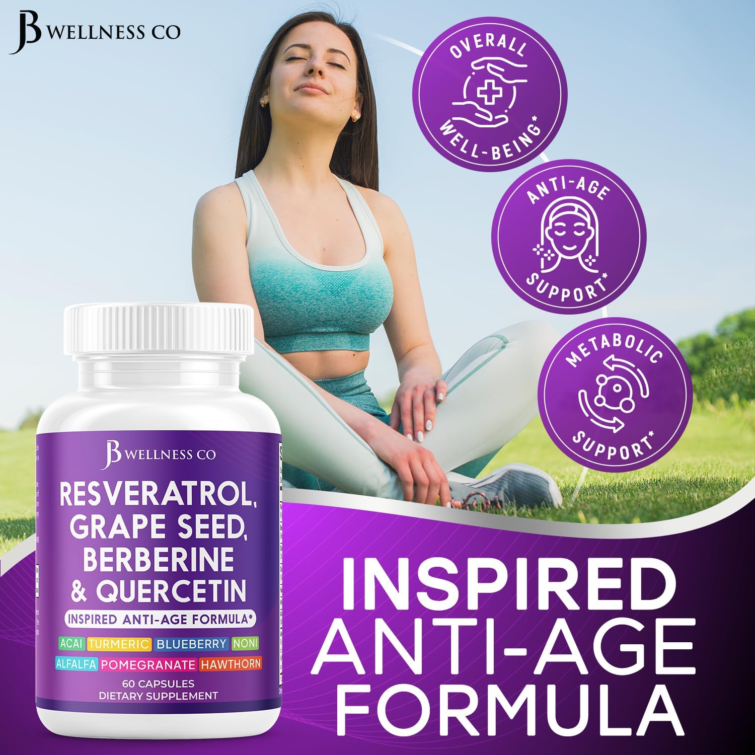 JB Wellness Co Polyphenol Supplement with Resveratrol, Grape Seed Extract, Noni, N-Acetyl Cysteine, Acai - 60 Capsules for Women and Men
