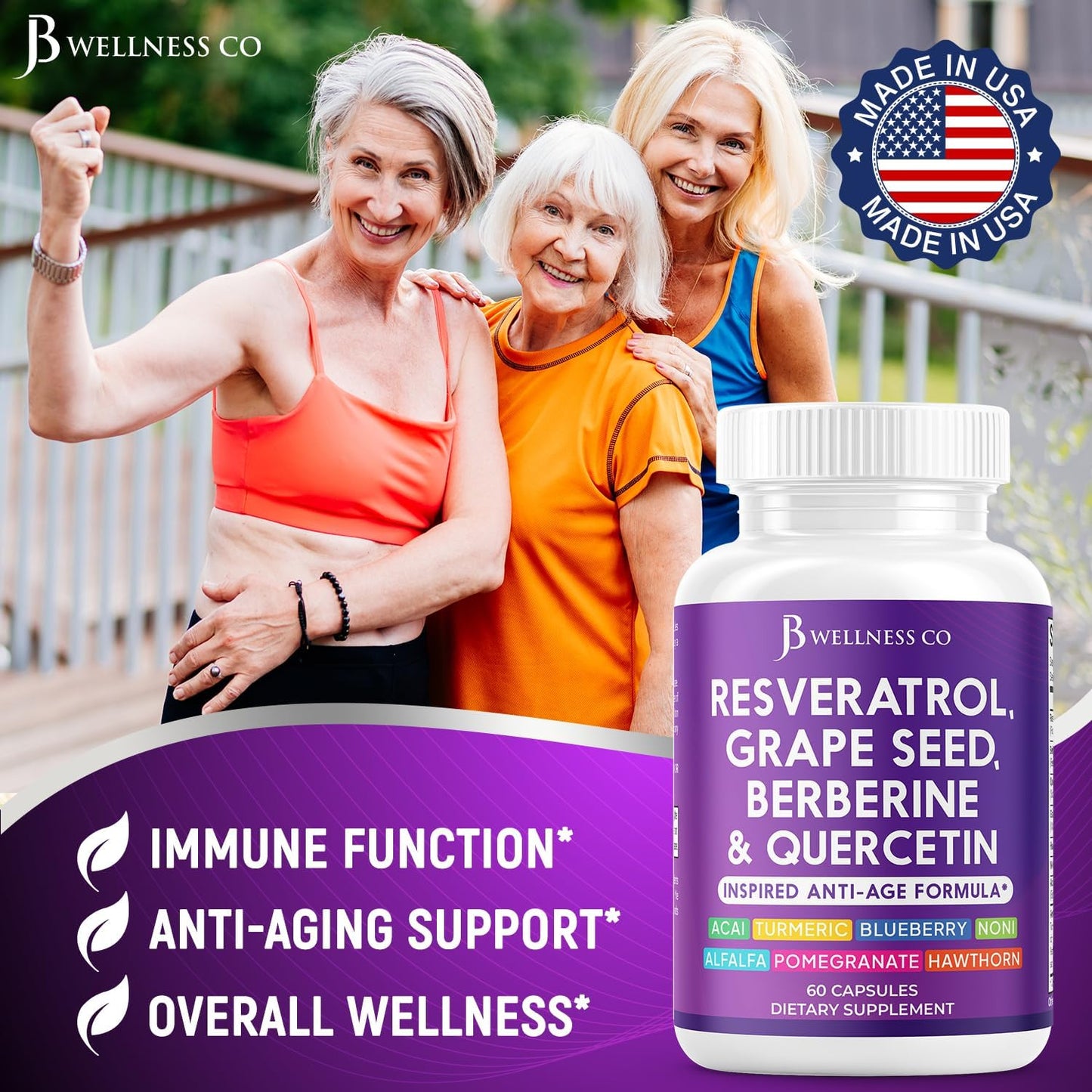 JB Wellness Co Polyphenol Supplement with Resveratrol, Grape Seed Extract, Noni, N-Acetyl Cysteine, Acai - 60 Capsules for Women and Men