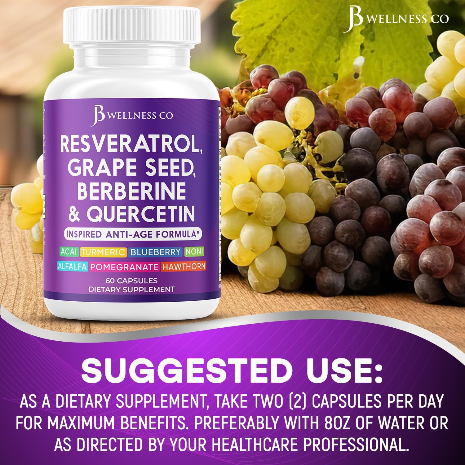 JB Wellness Co Polyphenol Supplement with Resveratrol, Grape Seed Extract, Noni, N-Acetyl Cysteine, Acai - 60 Capsules for Women and Men