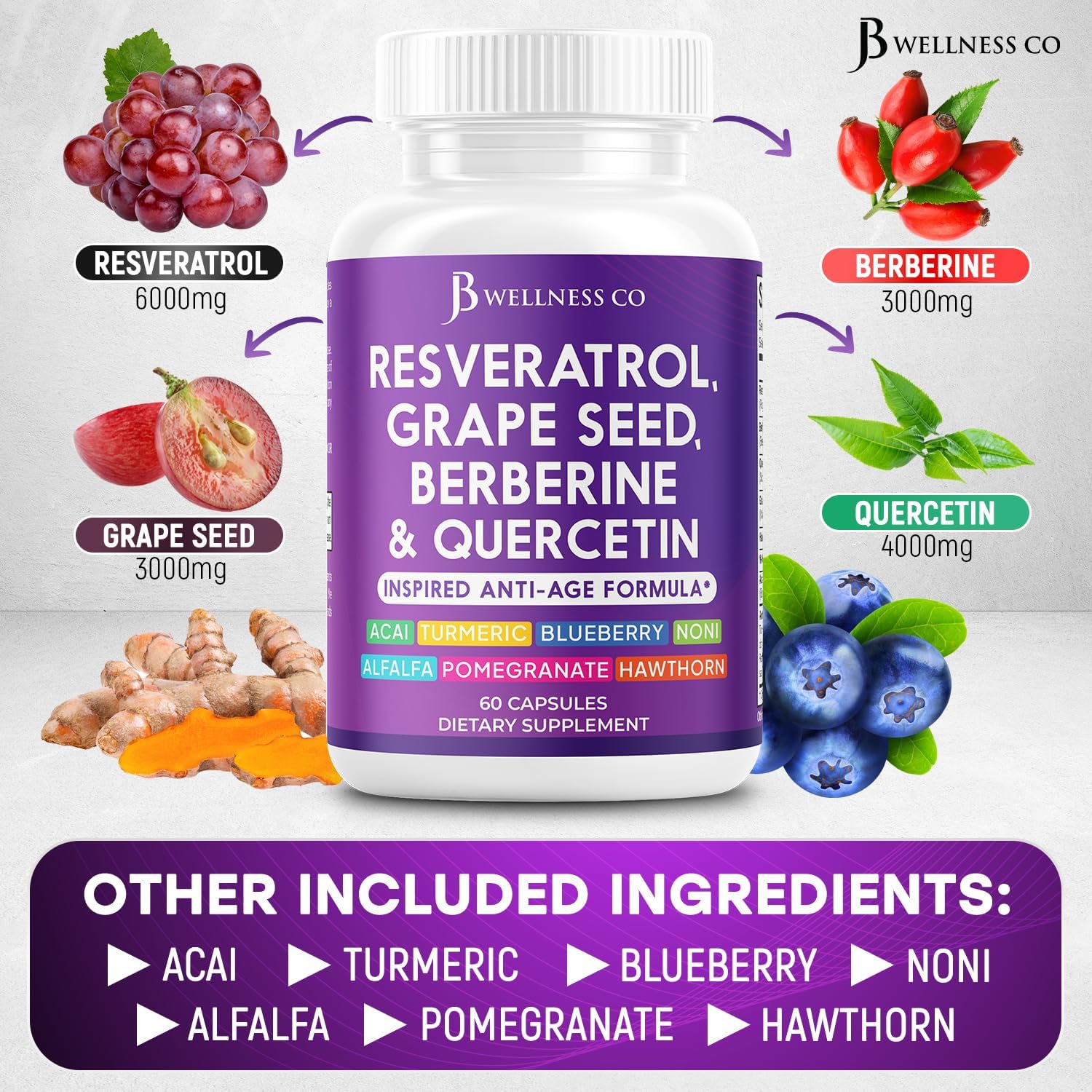 JB Wellness Co Polyphenol Supplement with Resveratrol, Grape Seed Extract, Noni, N-Acetyl Cysteine, Acai - 60 Capsules for Women and Men