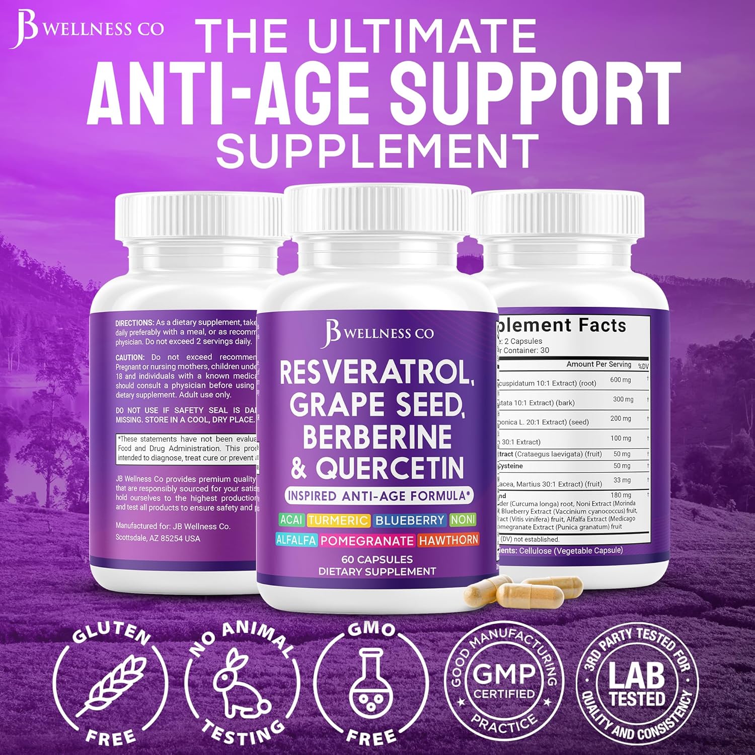 JB Wellness Co Polyphenol Supplement with Resveratrol, Grape Seed Extract, Noni, N-Acetyl Cysteine, Acai - 60 Capsules for Women and Men