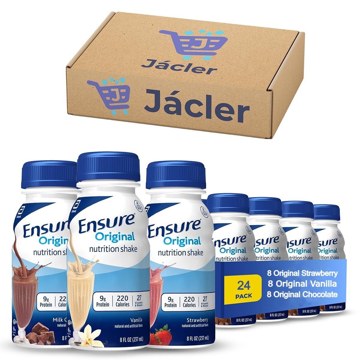 JÁCLER Ensure Original Nutrition Shakes Variety Pack - Milk Chocolate, Vanilla, Strawberry - 8 Fl Oz (24 Pack)