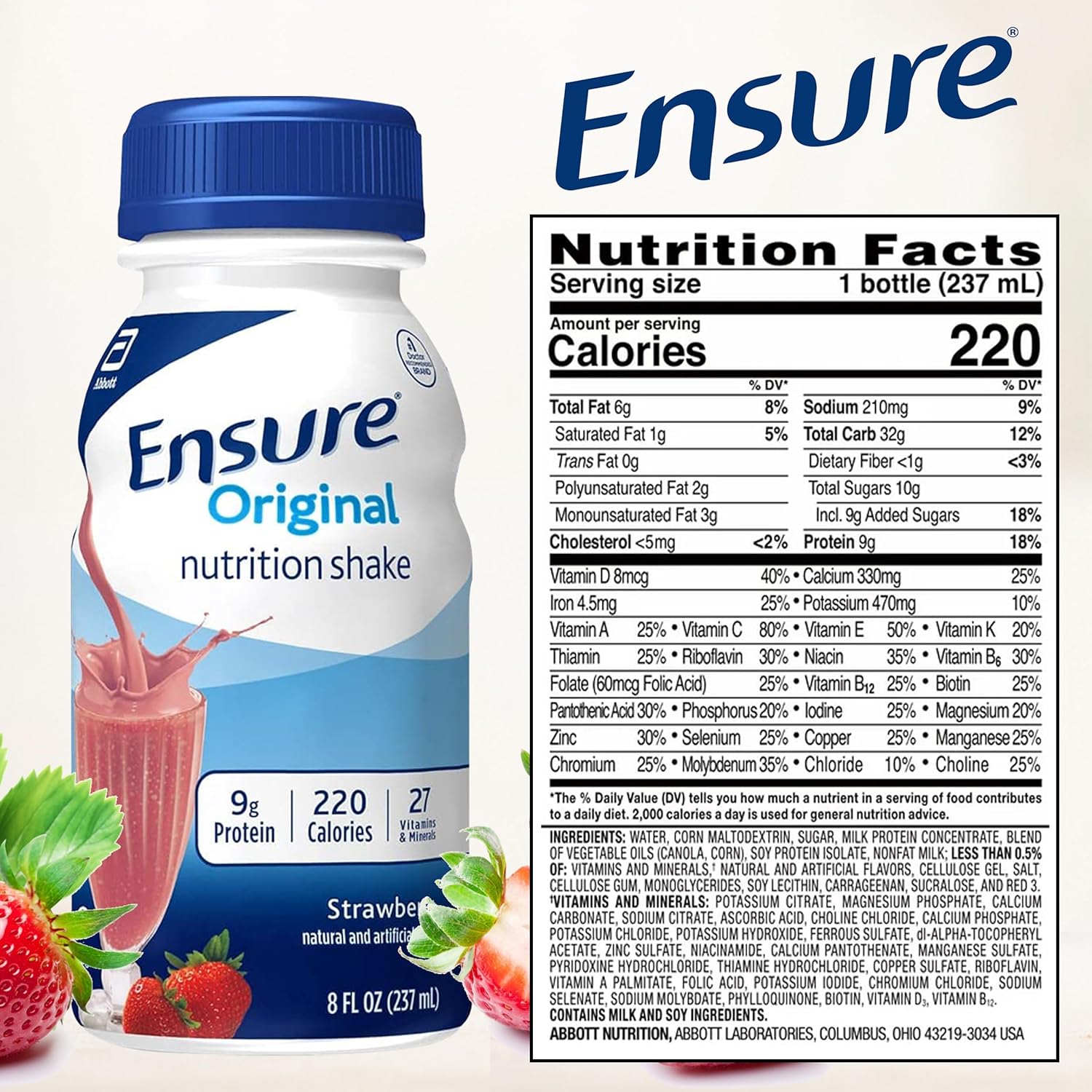 JÁCLER Ensure Variety Pack - Milk Chocolate, Vanilla, Strawberry - 6 Pack, Nutrient-Rich Formula with Essential Vitamins and Minerals