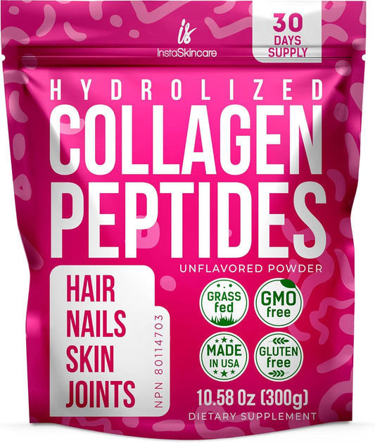 JERVAMNI Collagen Peptides Powder - Women's Hydrolyzed Supplement for Hair, Skin & Joints - Non-GMO, Grass-Fed, Gluten-Free - Unflavored, Easy to Mix - 10.58 Oz