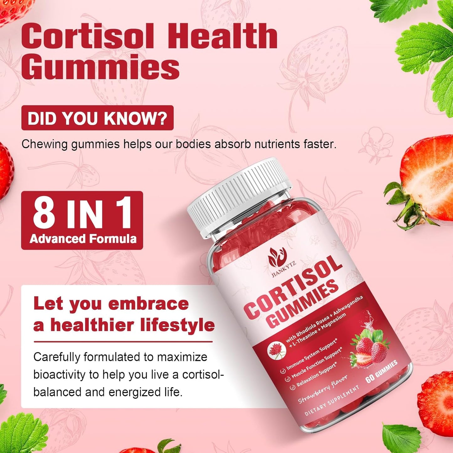 JIANKYTZ (2 Pack) Cortisol Gummies for Women with Rhodiola Rosea & Ashwagandha - Non-GMO, Balanced Cortisol & Zzz Support - 120 Gummies