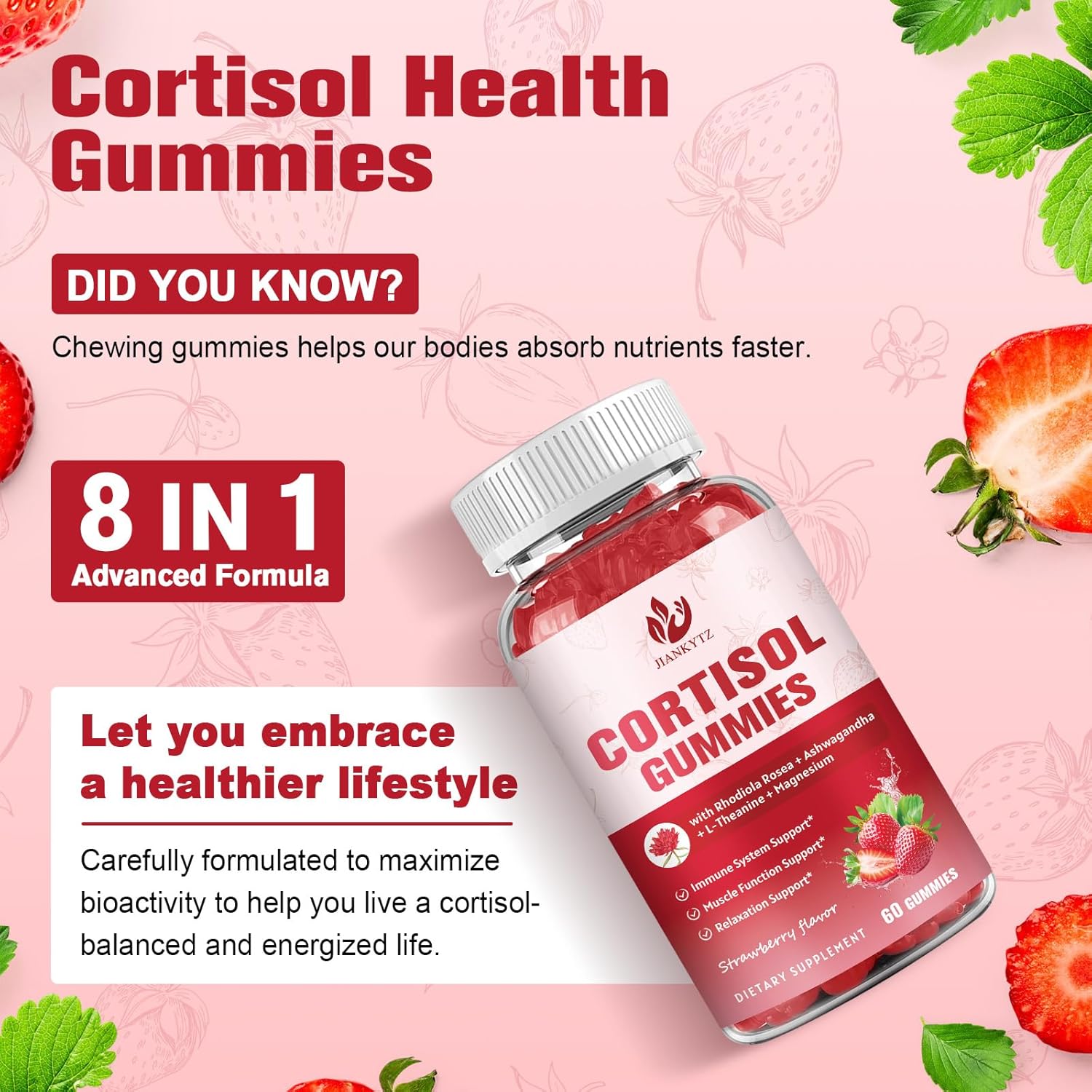 JIANKYTZ (2 Pack) Cortisol Gummies for Women with Rhodiola Rosea & Ashwagandha - Non-GMO, Balanced Cortisol & Zzz Support - 120 Gummies