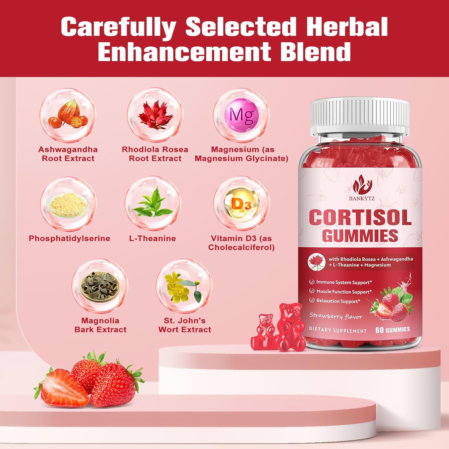 JIANKYTZ (2 Pack) Cortisol Gummies for Women with Rhodiola Rosea & Ashwagandha - Non-GMO, Balanced Cortisol & Zzz Support - 120 Gummies
