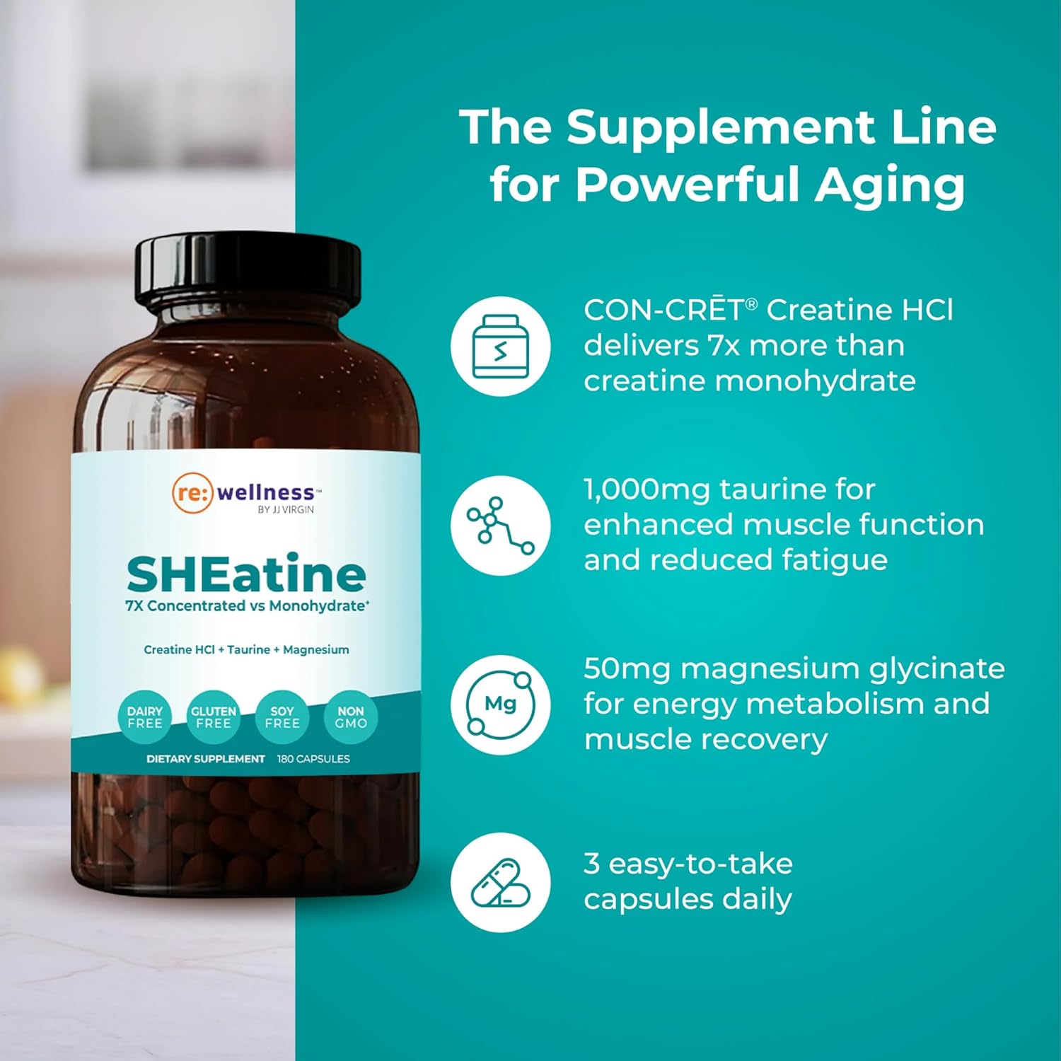 JJ Virgin's SHEatine: Premium Blend of Creatine HCL, Taurine, and Magnesium Glycinate - 180 Capsules for Optimal Wellness