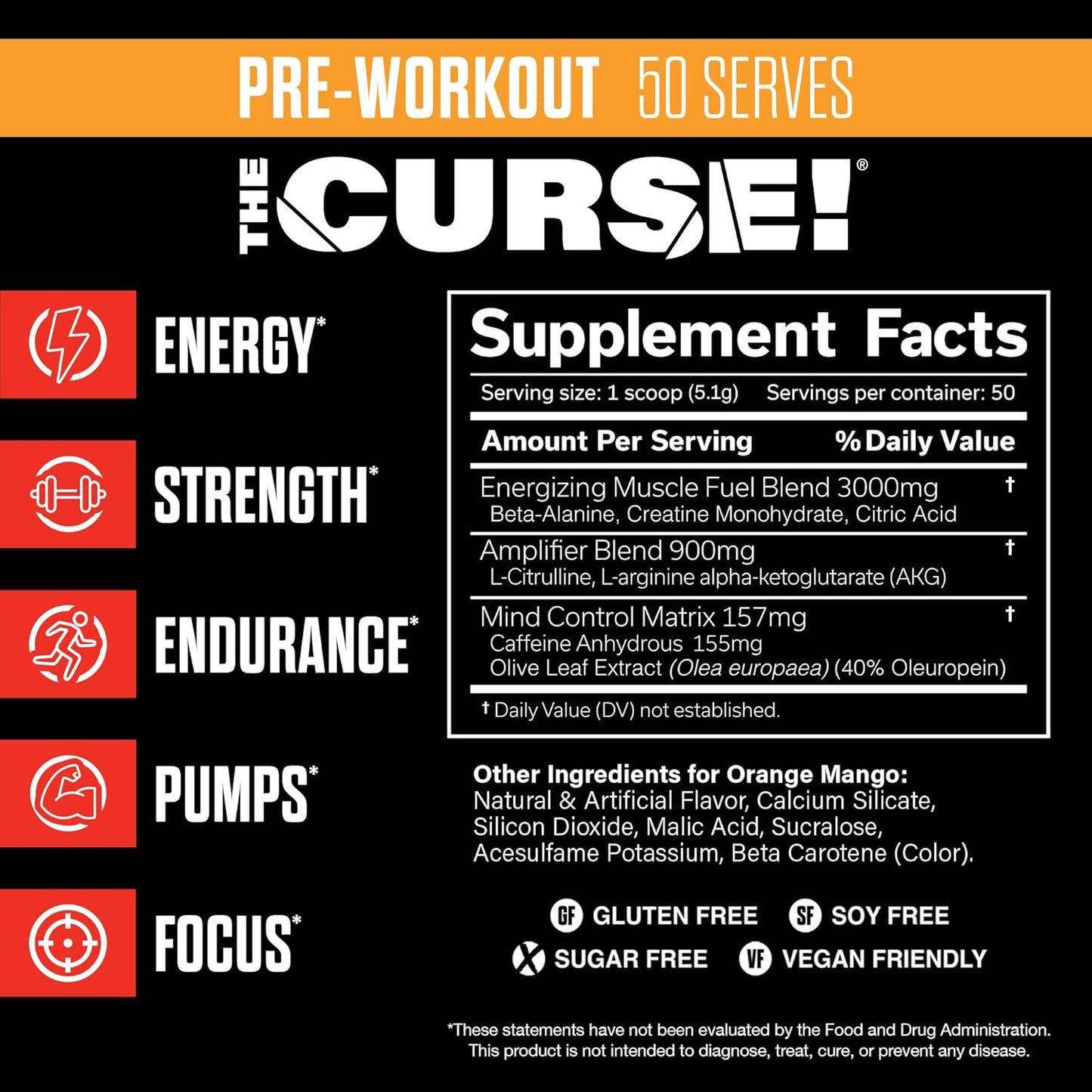 JNX SPORTS The Curse! Orange Mango Pre Workout Powder - 50 Servings for Boosting Strength, Energy, and Focus with Caffeine, Beta-Alanine, Creatine, and L-Citrulline for Men and Women