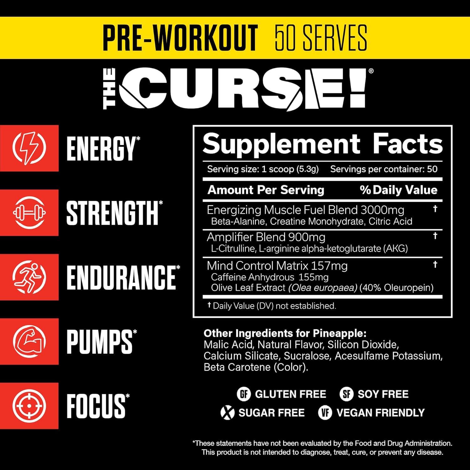 JNX SPORTS The Curse! Pineapple Pre Workout Powder - 50 Servings for Enhanced Strength and Energy with Caffeine, Beta-Alanine, Creatine, L-Citrulline - Men and Women