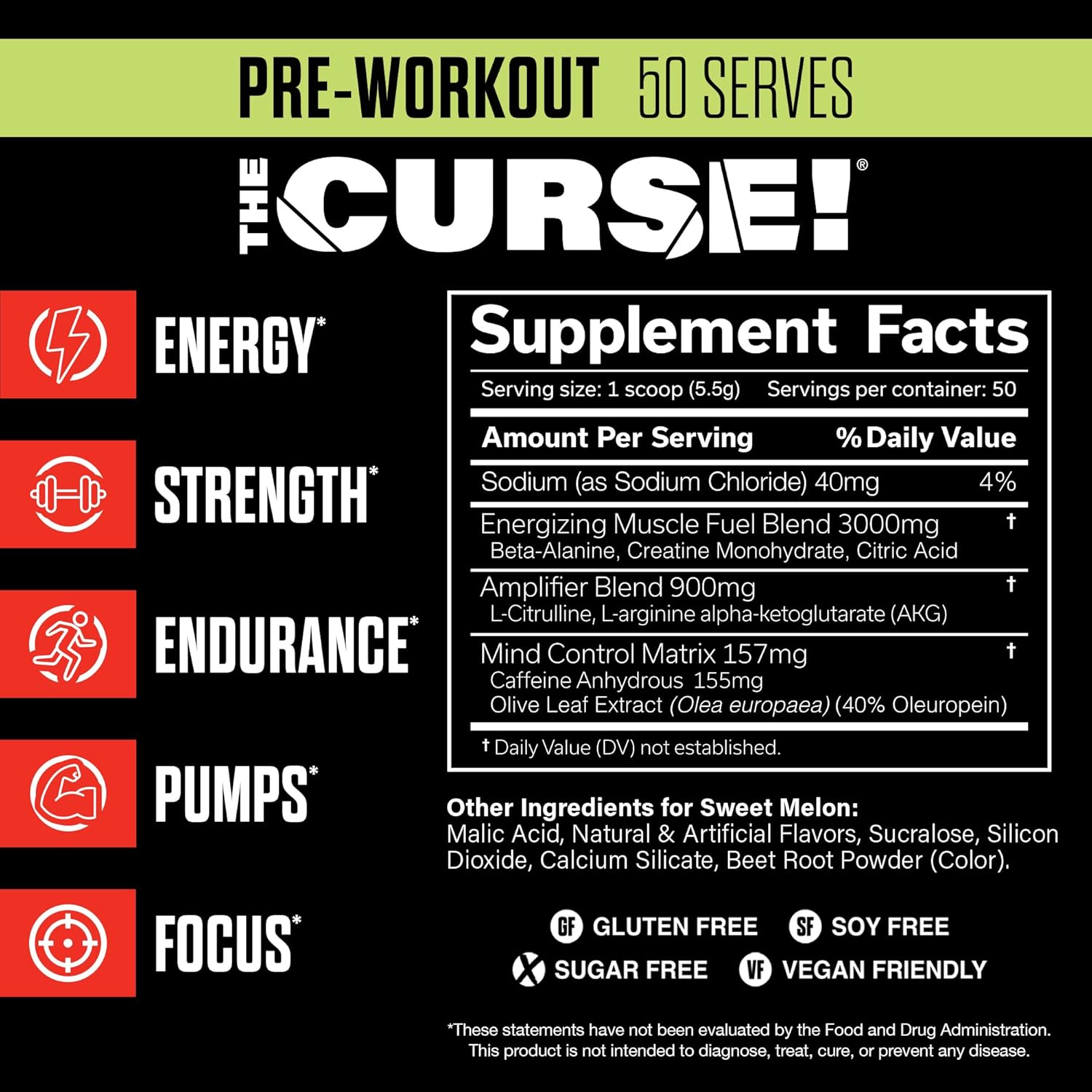 JNX SPORTS The Curse! Sweet Melon Pre Workout Powder - 50 Servings for Strength, Energy, and Focus | Caffeine, Beta-Alanine, Creatine, L-Citrulline