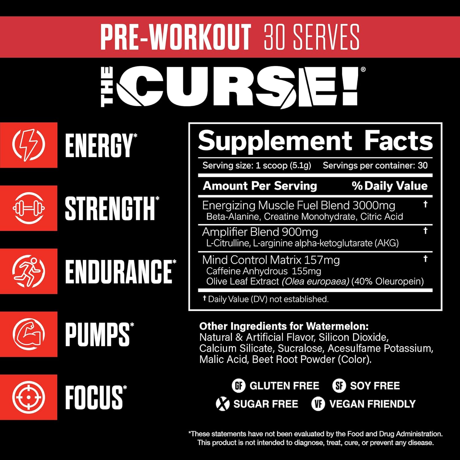 JNX SPORTS The Curse! Watermelon Pre Workout Powder - 30 Servings | Boost Strength, Energy, and Focus | Caffeine, Beta-Alanine, Creatine, L-Citrulline for Men & Women