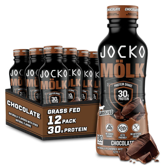 Jocko Fuel Jocko Mölk Grass-Fed Protein Shakes, 30g Protein, No Sugar, KETO-Friendly, Ready-to-Drink, 12oz, Pack of 12, Chocolate
