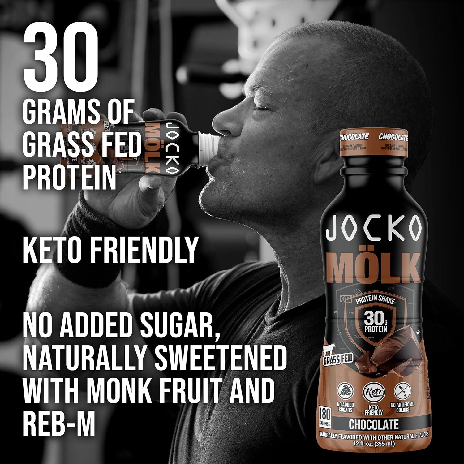 Jocko Fuel Jocko Mölk Grass-Fed Protein Shakes, 30g Protein, No Sugar, KETO-Friendly, Ready-to-Drink, 12oz, Pack of 12, Chocolate