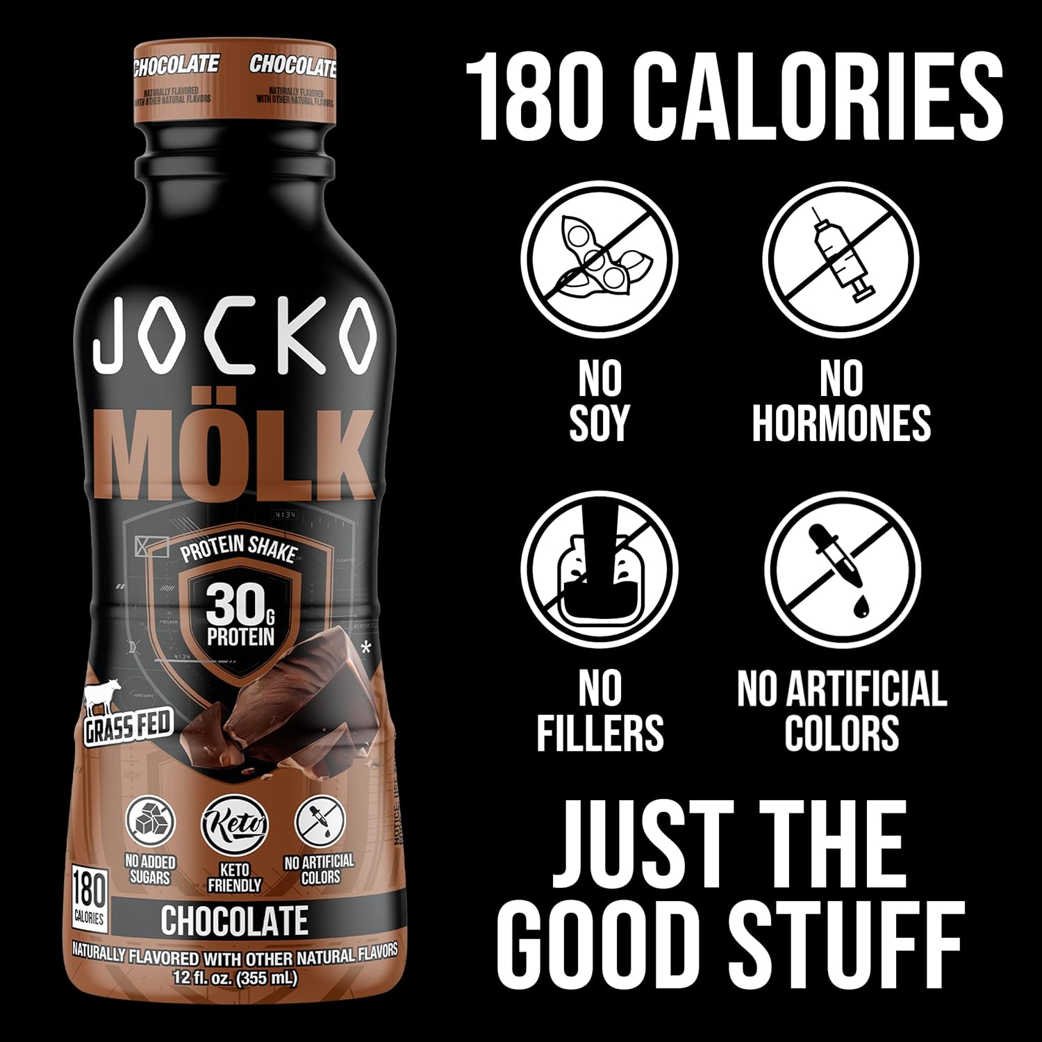 Jocko Fuel Jocko Mölk Grass-Fed Protein Shakes, 30g Protein, No Sugar, KETO-Friendly, Ready-to-Drink, 12oz, Pack of 12, Chocolate
