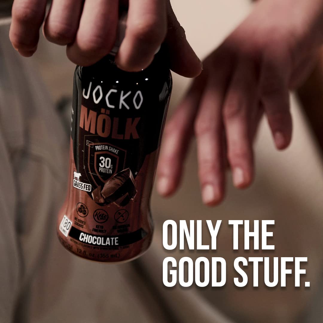 Jocko Fuel Jocko Mölk Grass-Fed Protein Shakes, 30g Protein, No Sugar, KETO-Friendly, Ready-to-Drink, 12oz, Pack of 12, Chocolate