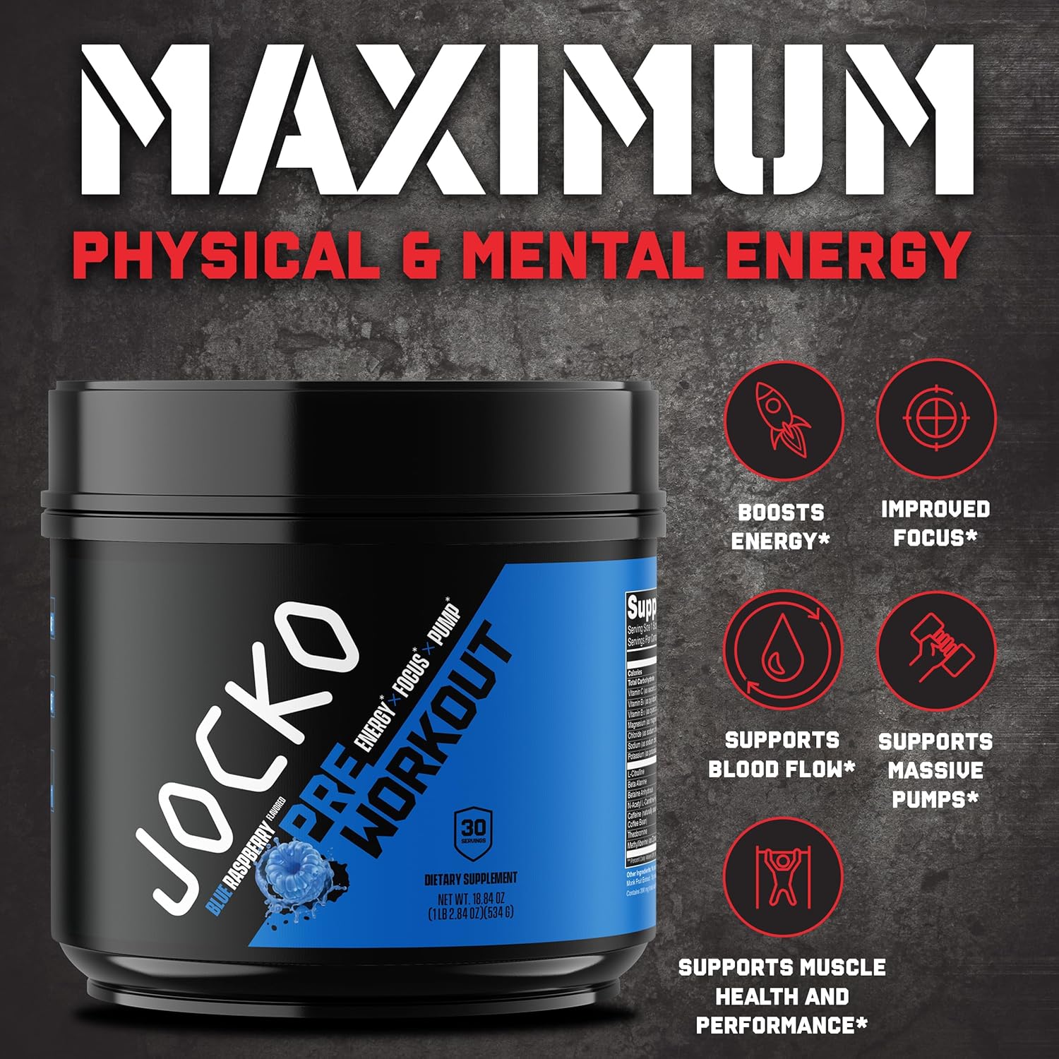 Jocko Fuel Ultimate Pre-Workout Powder Drink for Men & Women - High-Stim Sugar-Free Nootropic Blend - Blue Raspberry Flavor with 200mg Caffeine